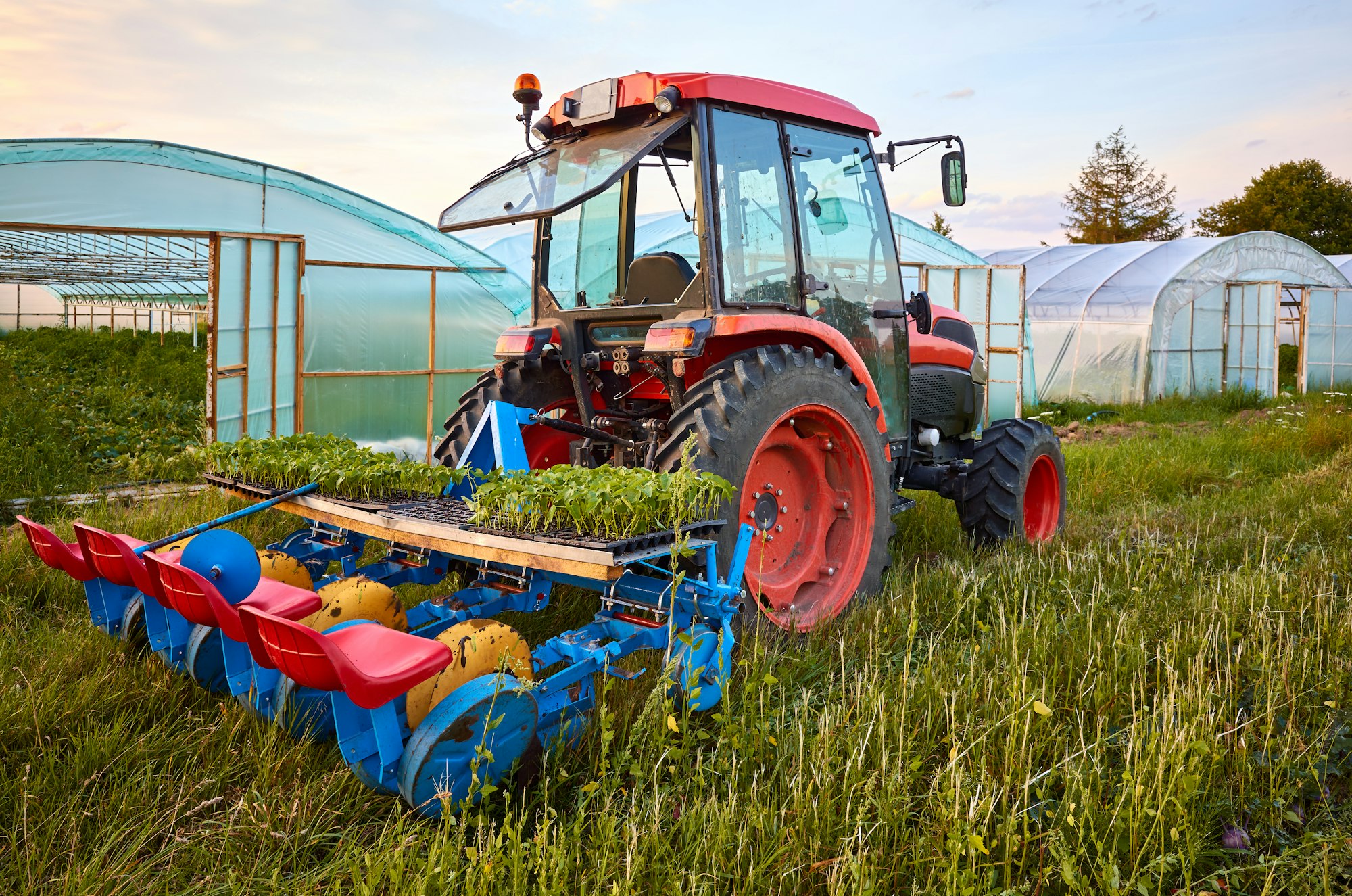 Manual seedling planter mounted to a tractor.